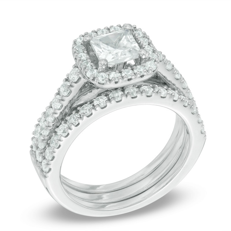 Main Image 2 of Previously Owned - 2-1/5 CT. T.W. Princess-Cut Diamond Frame Soldered Bridal Set in 14K White Gold