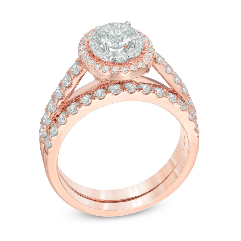 Main Image 2 of Previously Owned - 1-1/2 CT. T.W. Diamond Double Frame Soldered Bridal Set in 14K Rose Gold