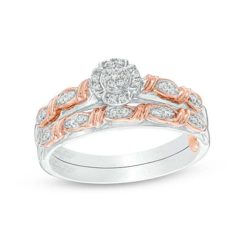 Main Image 1 of Previously Owned - 1/10 CT. T.W. Multi-Diamond Frame Twist Ribbon Interlocking Soldered Bridal Set in 10K Two-Tone Gold