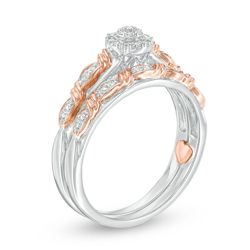 Main Image 2 of Previously Owned - 1/10 CT. T.W. Multi-Diamond Frame Twist Ribbon Interlocking Soldered Bridal Set in 10K Two-Tone Gold