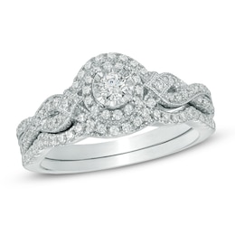 Previously Owned - 1/2 CT. T.W. Diamond Frame Vintage-Style Soldered Bridal Set in 14K White Gold