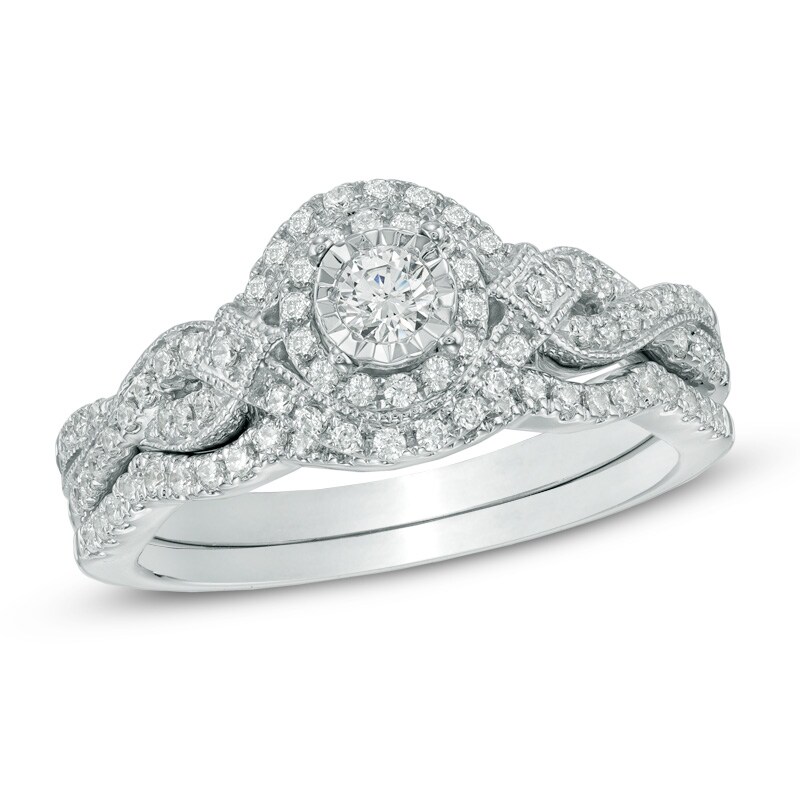 Main Image 1 of Previously Owned - 1/2 CT. T.W. Diamond Frame Vintage-Style Soldered Bridal Set in 14K White Gold