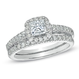 Previously Owned - Celebration Lux® 1-1/5 CT. T.W. Princess-Cut Diamond Soldered Bridal Set in 14K White Gold