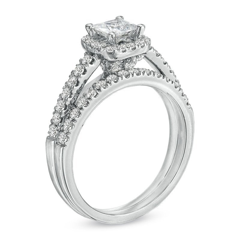 Main Image 2 of Previously Owned - Celebration Lux® 1-1/5 CT. T.W. Princess-Cut Diamond Soldered Bridal Set in 14K White Gold