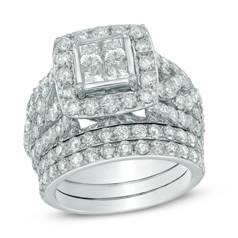 Main Image 1 of Previously Owned - 4 CT. T.W. Quad Princess-Cut Diamond Frame Soldered Bridal Set in 14K White Gold