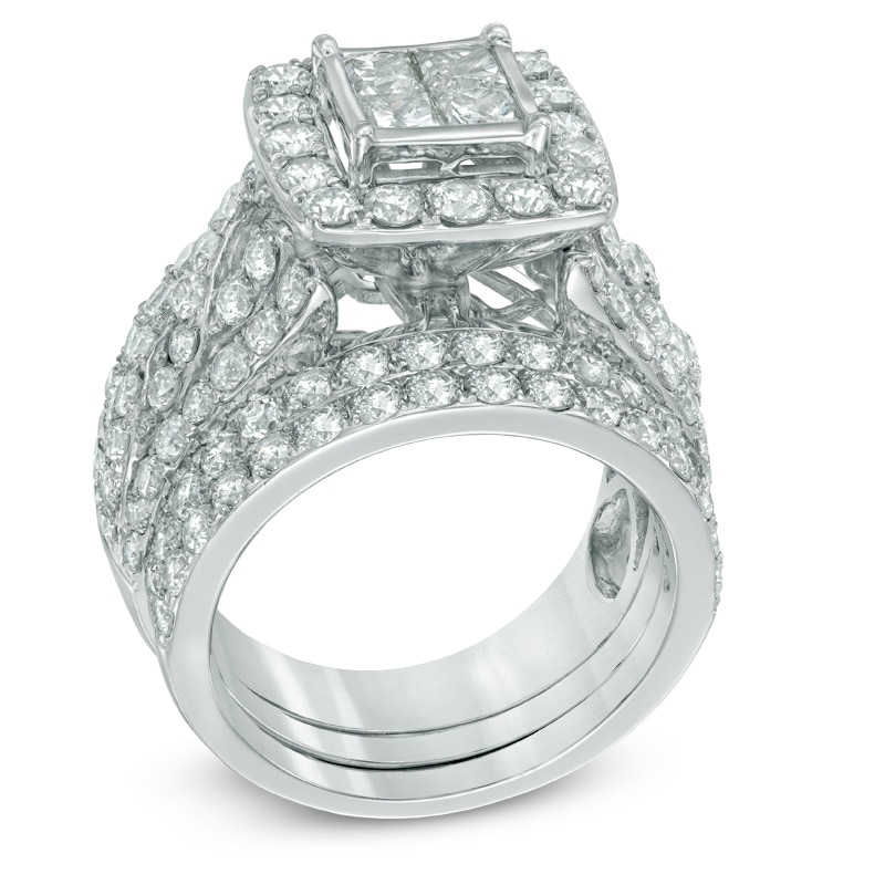 Main Image 2 of Previously Owned - 4 CT. T.W. Quad Princess-Cut Diamond Frame Soldered Bridal Set in 14K White Gold