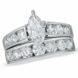 Previously Owned - 3 CT. T.W. Marquise Diamond Soldered Bridal Set in 14K White Gold with Diamond Accents