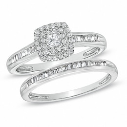 Previously Owned - 1/2 CT. T.W. Princess-Cut Diamond Double Frame Soldered Bridal Set in 10K White Gold