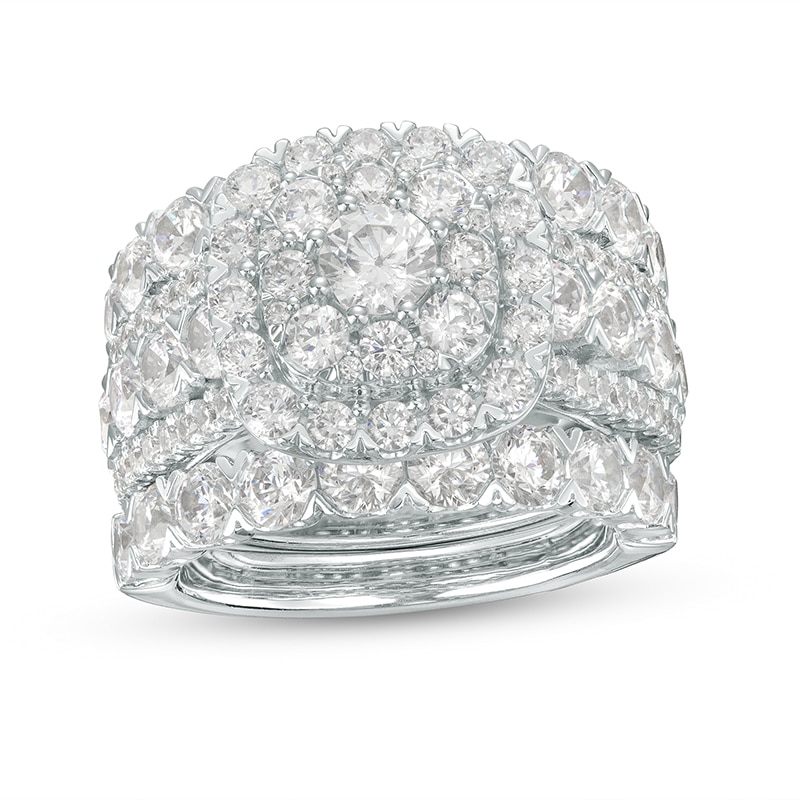 Main Image 1 of Previously Owned - 5 CT. T.W. Diamond Cushion-Shaped Frame Multi-Row Soldered Bridal Set in 14K White Gold