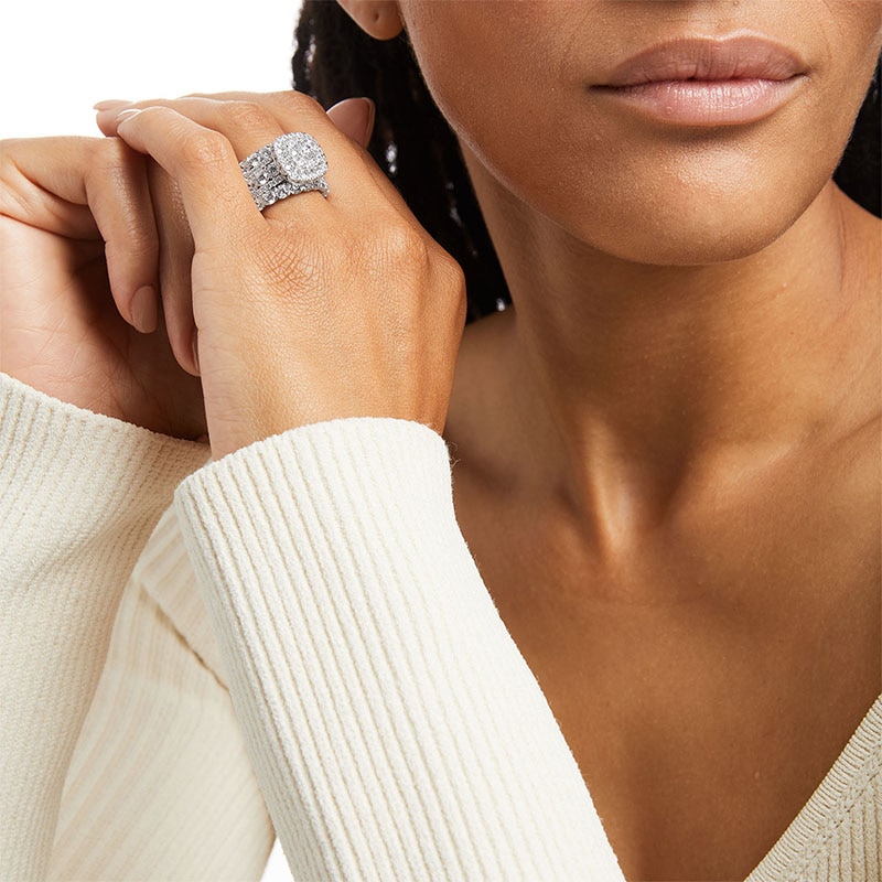 Main Image 2 of Previously Owned - 5 CT. T.W. Diamond Cushion-Shaped Frame Multi-Row Soldered Bridal Set in 14K White Gold