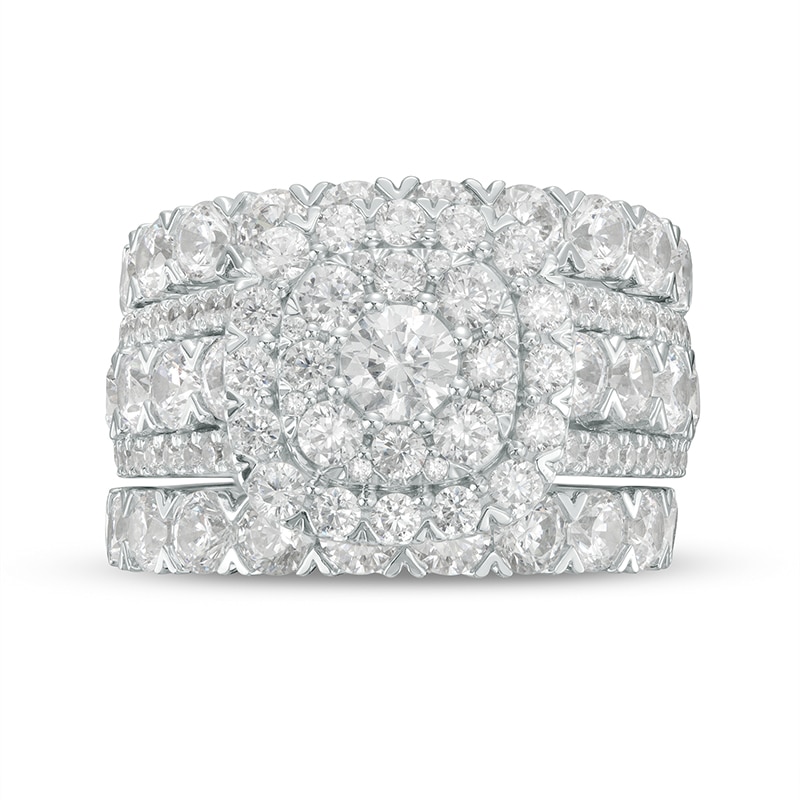 Main Image 4 of Previously Owned - 5 CT. T.W. Diamond Cushion-Shaped Frame Multi-Row Soldered Bridal Set in 14K White Gold