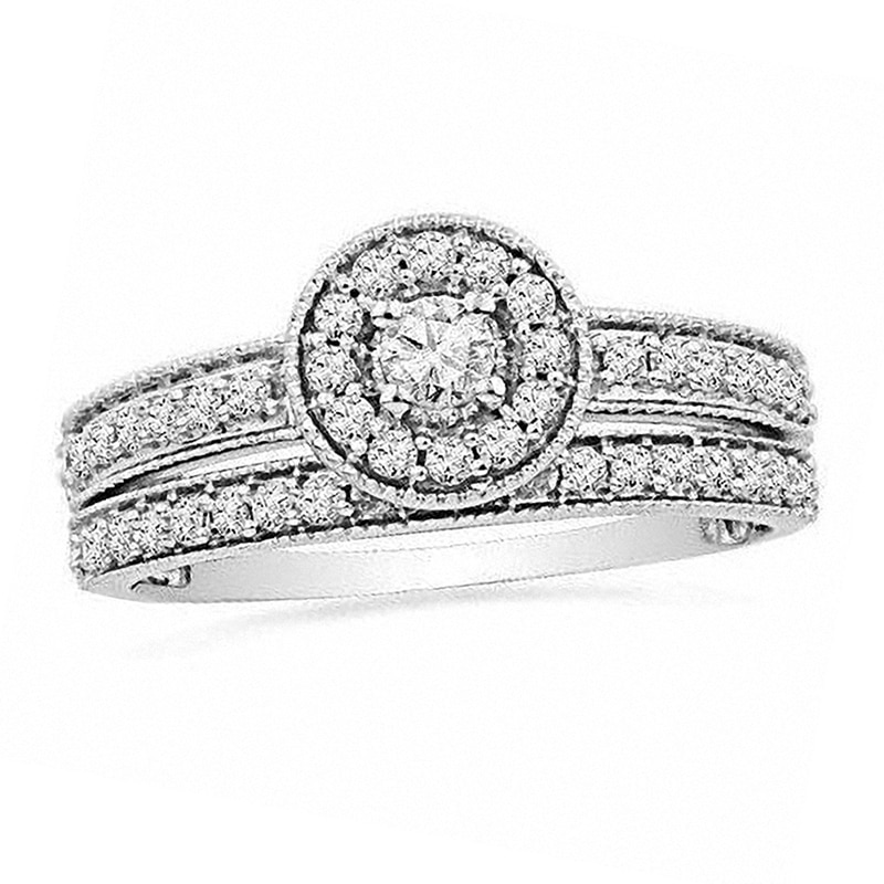 Main Image 1 of Previously Owned - 1/2 CT. T.W. Diamond Framed Soldered Bridal Set in 14K White Gold