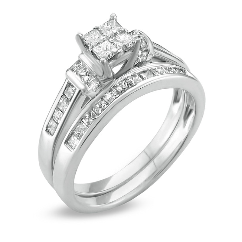 Main Image 2 of Previously Owned - 1 CT. T.W. Quad Princess-Cut Diamond Collar Soldered Bridal Set in 14K White Gold