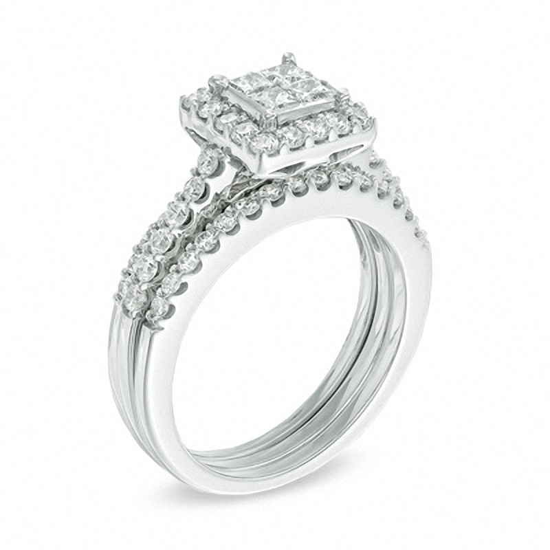 Main Image 2 of Previously Owned - 1-1/4 CT. T.W. Quad Princess-Cut Diamond Soldered Bridal Set in 14K White Gold