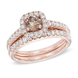 Previously Owned - 1-1/4 CT. T.W. Champagne and White Diamond Frame Soldered Bridal Set in 14K Rose Gold