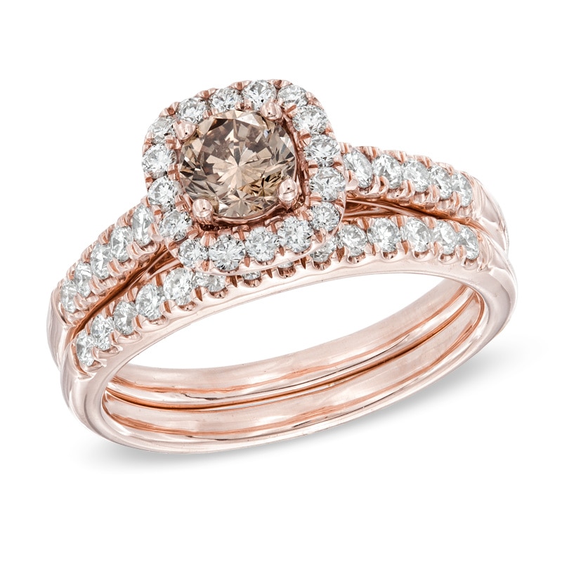 Main Image 1 of Previously Owned - 1-1/4 CT. T.W. Champagne and White Diamond Frame Soldered Bridal Set in 14K Rose Gold
