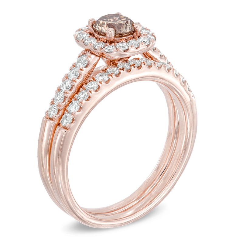 Main Image 2 of Previously Owned - 1-1/4 CT. T.W. Champagne and White Diamond Frame Soldered Bridal Set in 14K Rose Gold