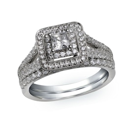 Previously Owned - 1-1/4 CT. T.W. Princess-Cut Diamond Double Frame Soldered Bridal Set in 14K White Gold
