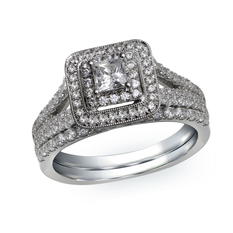 Main Image 1 of Previously Owned - 1-1/4 CT. T.W. Princess-Cut Diamond Double Frame Soldered Bridal Set in 14K White Gold