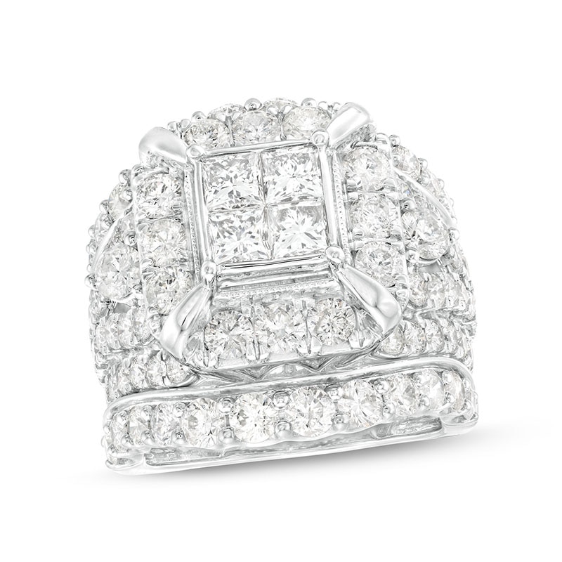 Main Image 1 of Previously Owned - 5 CT. T.W. Quad Princess-Cut Diamond Frame Multi-Row Soldered Bridal Set in 14K White Gold