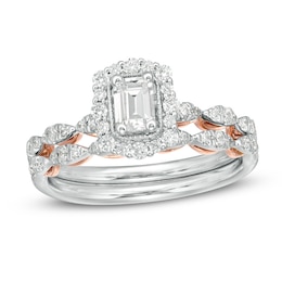 Previously Owned - Celebration Ideal 3/4 CT. T.W. Emerald-Cut Diamond Frame Soldered Bridal Set in 14K Two-Tone Gold