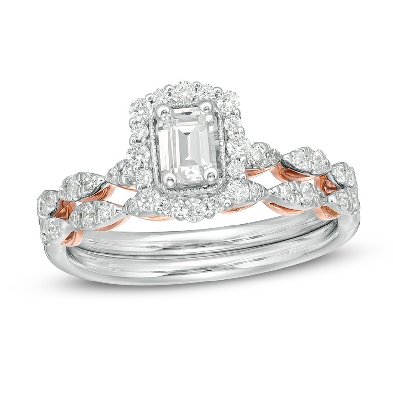 Main Image 1 of Previously Owned - Celebration Ideal 3/4 CT. T.W. Emerald-Cut Diamond Frame Soldered Bridal Set in 14K Two-Tone Gold