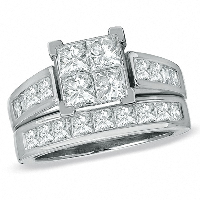 Main Image 1 of Previously Owned - 3 CT. T.W. Quad Square-Cut Diamond Soldered Bridal Set in 14K White Gold
