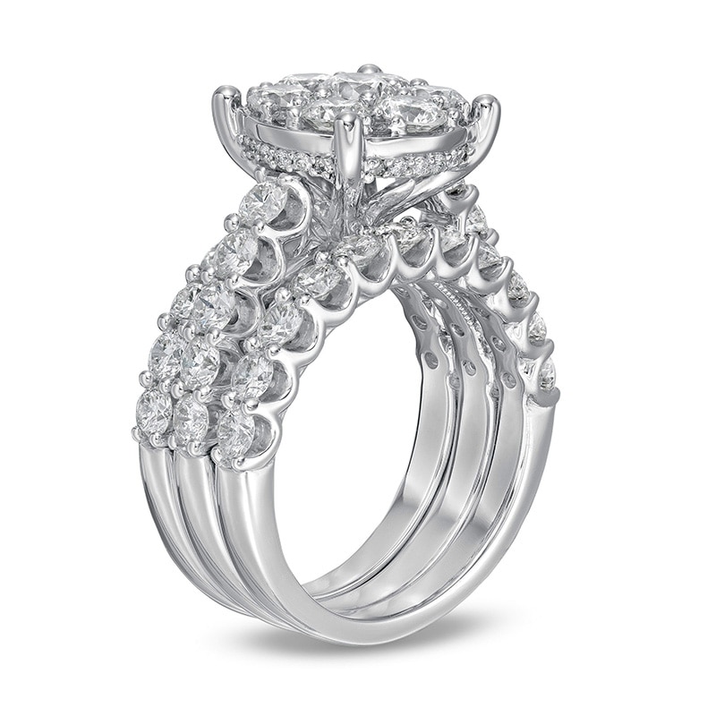 Main Image 3 of Previously Owned - 4 CT. T.W. Multi-Diamond Vintage-Style Three Piece Soldered Bridal Set in 14K White Gold