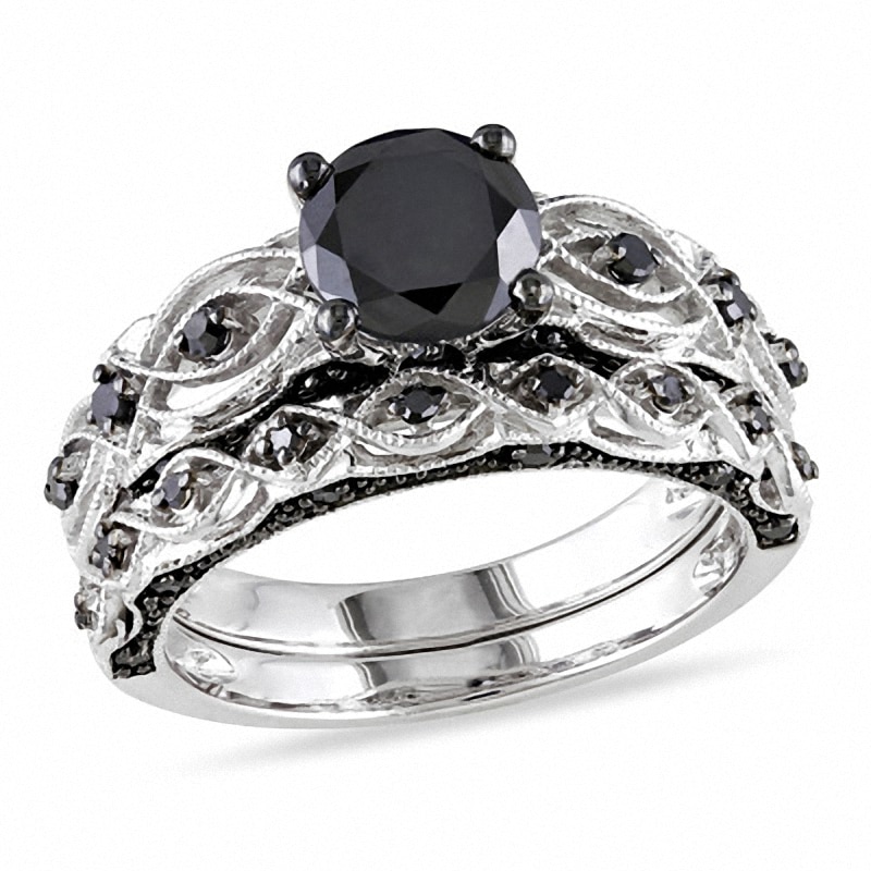 Main Image 1 of Previously Owned - 1-3/8 CT. T.W. Black Diamond Vintage-Style Soldered Bridal Set in 10K White Gold
