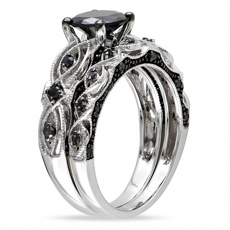 Main Image 2 of Previously Owned - 1-3/8 CT. T.W. Black Diamond Vintage-Style Soldered Bridal Set in 10K White Gold