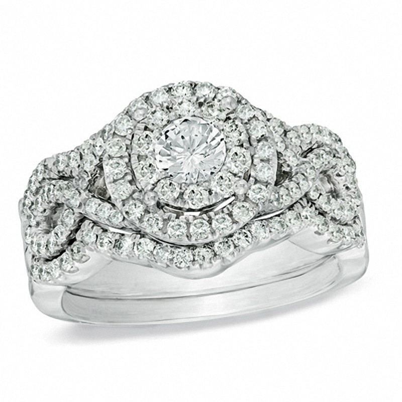 Main Image 1 of Previously Owned - 1-1/5 CT. T.W. Diamond Cluster Soldered Bridal Set in 14K White Gold