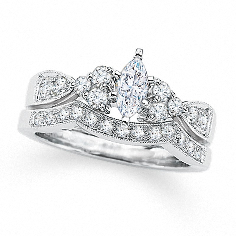 Main Image 1 of Previously Owned - 1-1/2 CT. T.W. Marquise Diamond Soldered Bridal Set in 14K White Gold