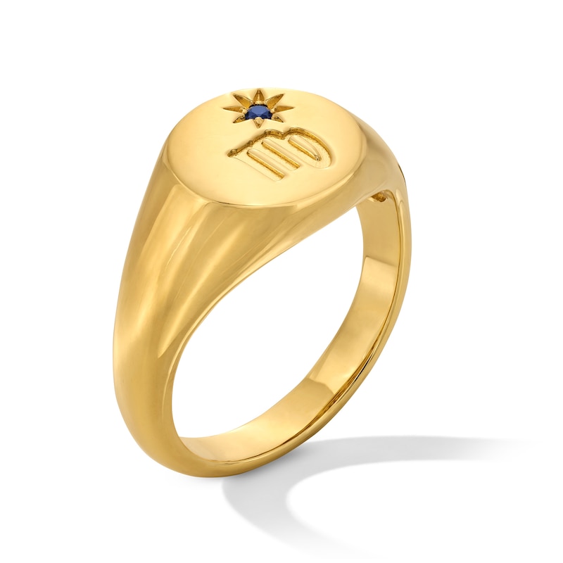 Main Image 3 of Pavé-Set Blue Lab-Created Sapphire Virgo Zodiac Signet Ring in Sterling Silver with 18K Gold Plate