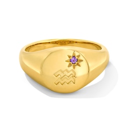 Pavé-Set Amethyst Aquarius Zodiac Signet Ring in Sterling Silver with 18K Gold Plate