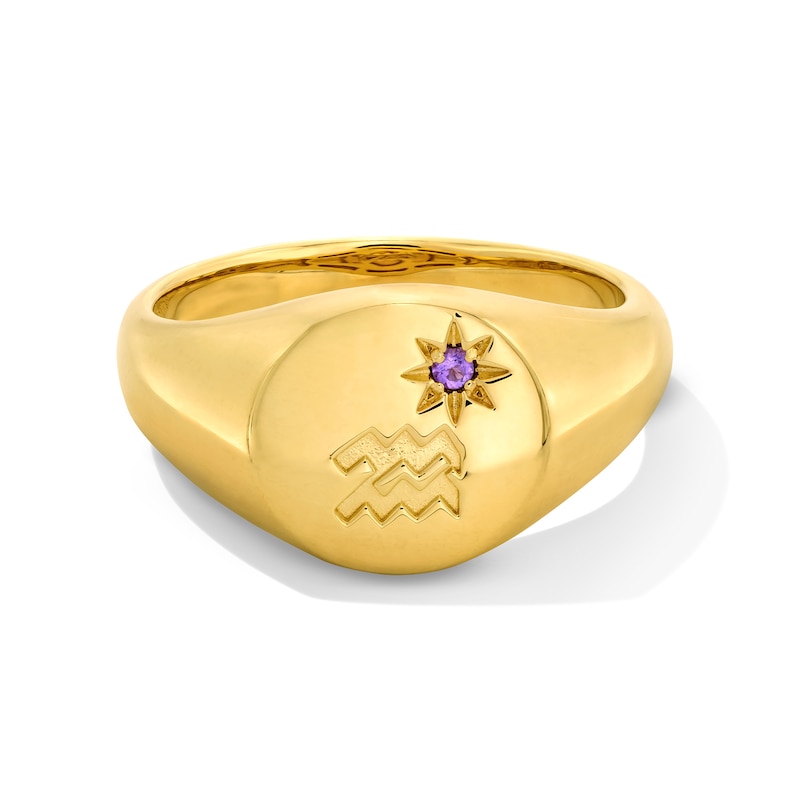 Main Image 1 of Pavé-Set Amethyst Aquarius Zodiac Signet Ring in Sterling Silver with 18K Gold Plate