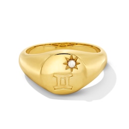Freshwater Cultured Pearl Gemini Zodiac Signet Ring in Sterling Silver with 18K Gold Plate