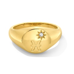 Pavé-Set Lab-Created Aquamarine Pisces Zodiac Signet Ring in Sterling Silver with 18K Gold Plate
