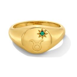 Pavé-Set Lab-Created Emerald Taurus Zodiac Signet Ring in Sterling Silver with 18K Gold Plate