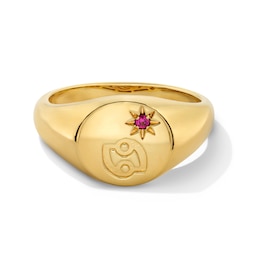 Pavé-Set Lab-Created Ruby Cancer Zodiac Signet Ring in Sterling Silver with 18K Gold Plate