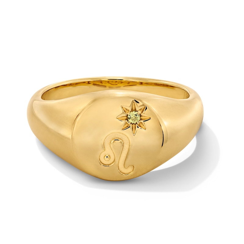 Main Image 1 of Pavé-Set Peridot Leo Zodiac Signet Ring in Sterling Silver with 18K Gold Plate