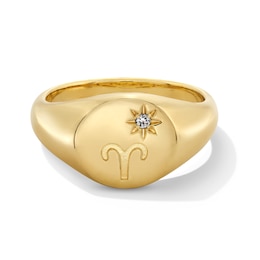Pavé-Set White Lab-Created Sapphire Aries Zodiac Signet Ring in Sterling Silver with 18K Gold Plate