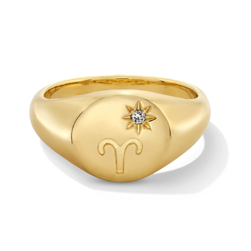 Main Image 1 of Pavé-Set White Lab-Created Sapphire Aries Zodiac Signet Ring in Sterling Silver with 18K Gold Plate