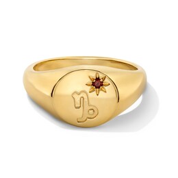 Pavé-Set Garnet Capricorn Zodiac Signet Ring in Sterling Silver with 18K Gold Plate