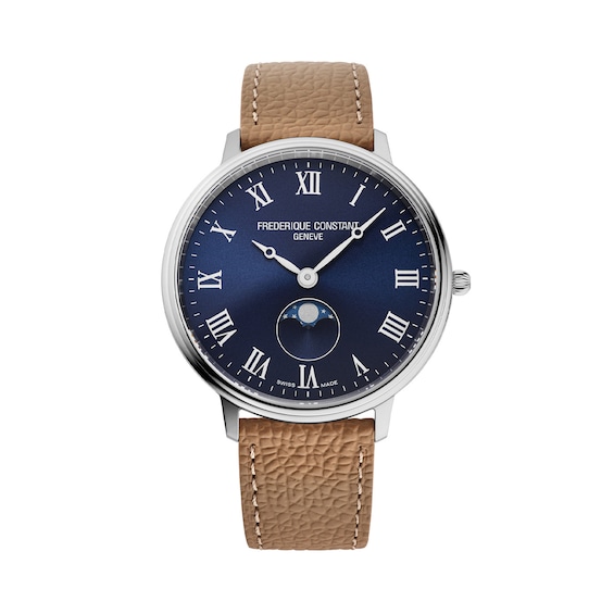 Men's Frederique Constant Classics Moon Phase Watch with Blue Dial and Brown Leather Strap (Model: FC-206RN3S6)