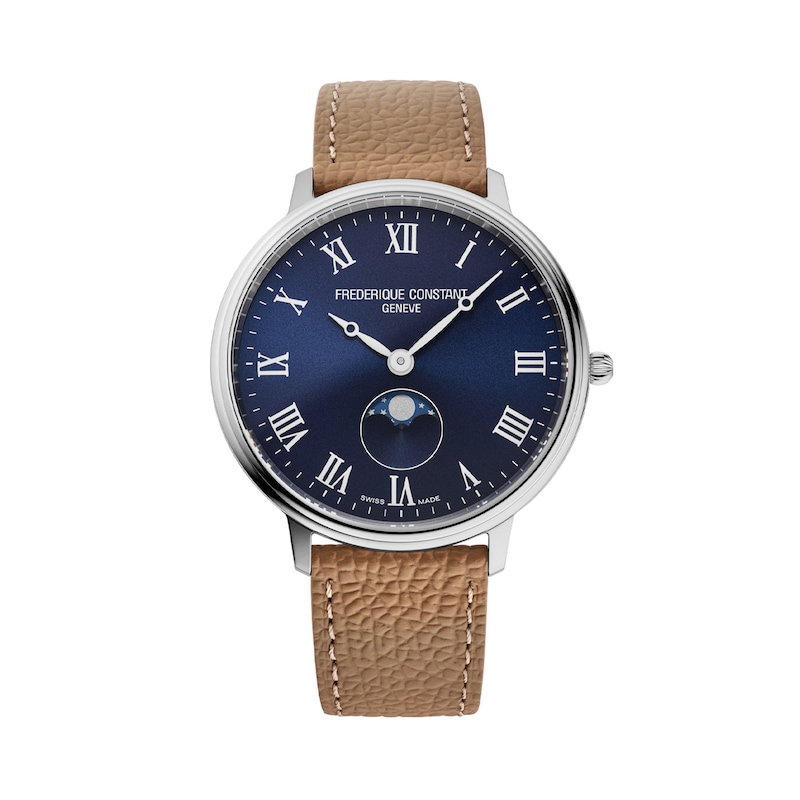 Main Image 1 of Men's Frederique Constant Classics Moon Phase Watch with Blue Dial and Brown Leather Strap (Model: FC-206RN3S6)