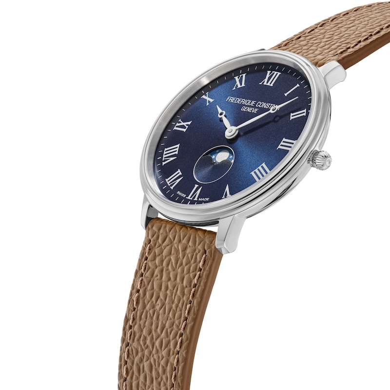 Main Image 2 of Men's Frederique Constant Classics Moon Phase Watch with Blue Dial and Brown Leather Strap (Model: FC-206RN3S6)