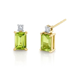 Emerald-Cut Peridot and 1/20 CT. T.W. Diamond Stud Earrings in 14K Gold