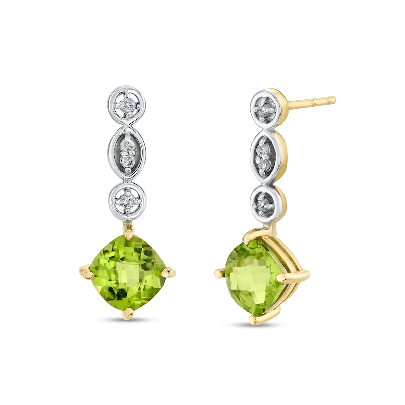 Main Image 1 of Cushion-Cut Peridot and 1/20 CT. T.W. Diamond Drop Earrings in 10K Gold