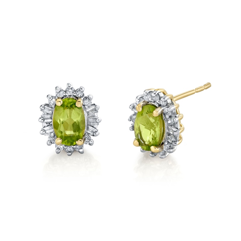 Main Image 1 of Oval Peridot and 1/4 CT. T.W. Diamond Stud Earrings in 10K Gold