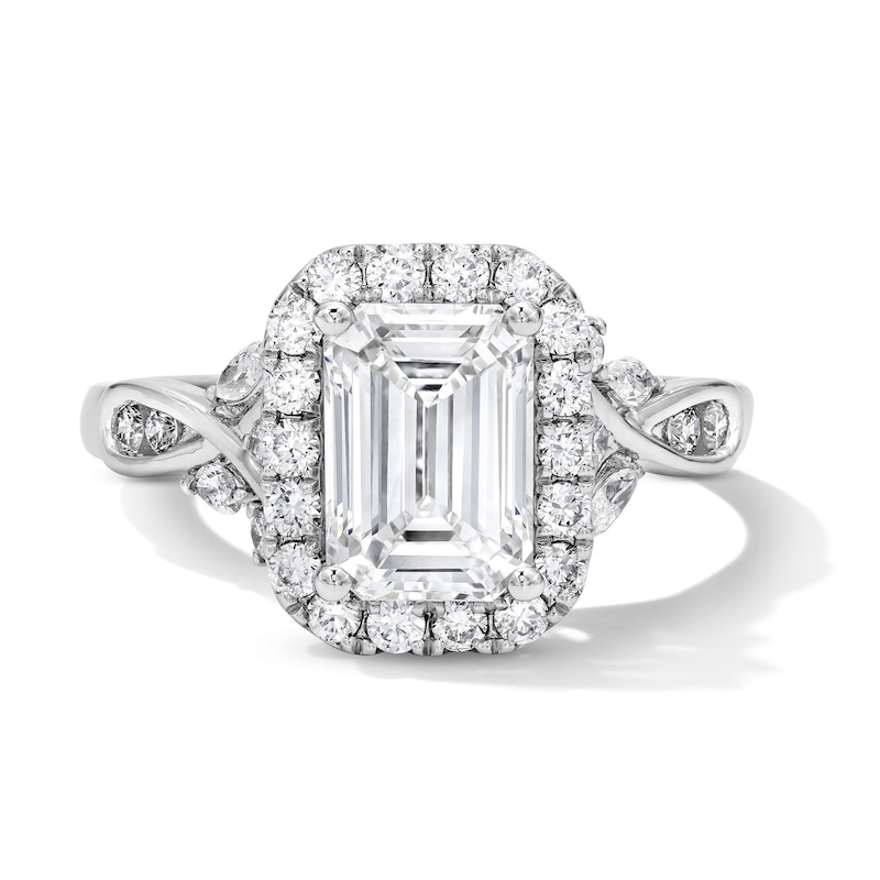 Main Image 1 of 2-1/2 CT. T.W. Emerald-Cut Certified Lab-Grown Diamond Frame Engagement Ring in 14K White Gold (F/VS2)